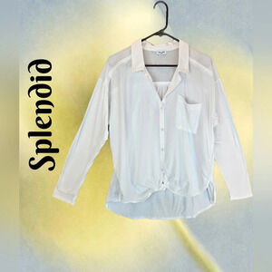 Splendid Womens Button Front Shirt Sz L White Mixed Media Cotton & Viscose
